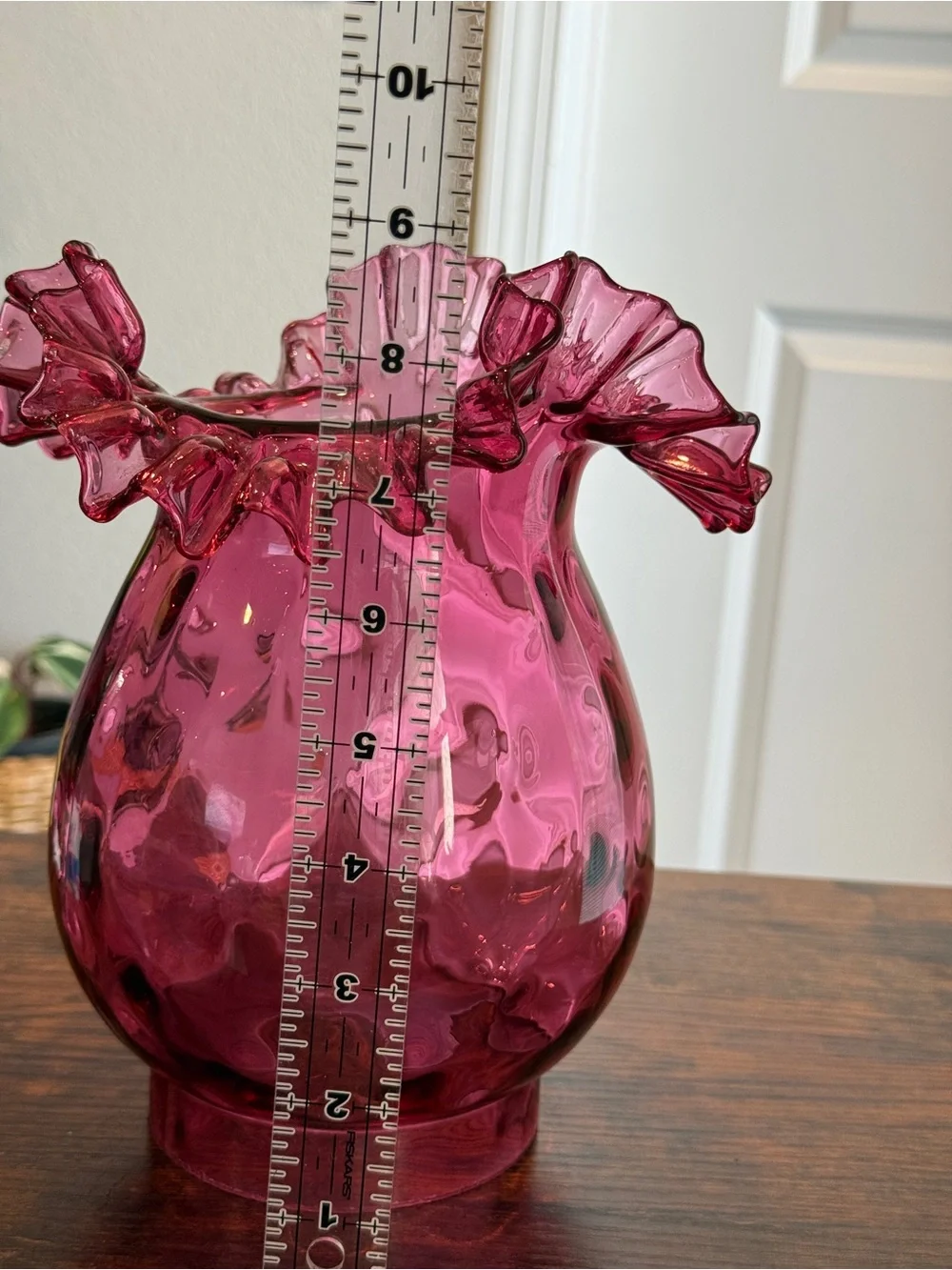 Vintage Fenton Cranberry Glass Diamond Optic Lamp Shade Ruffled Crimp 8.5”